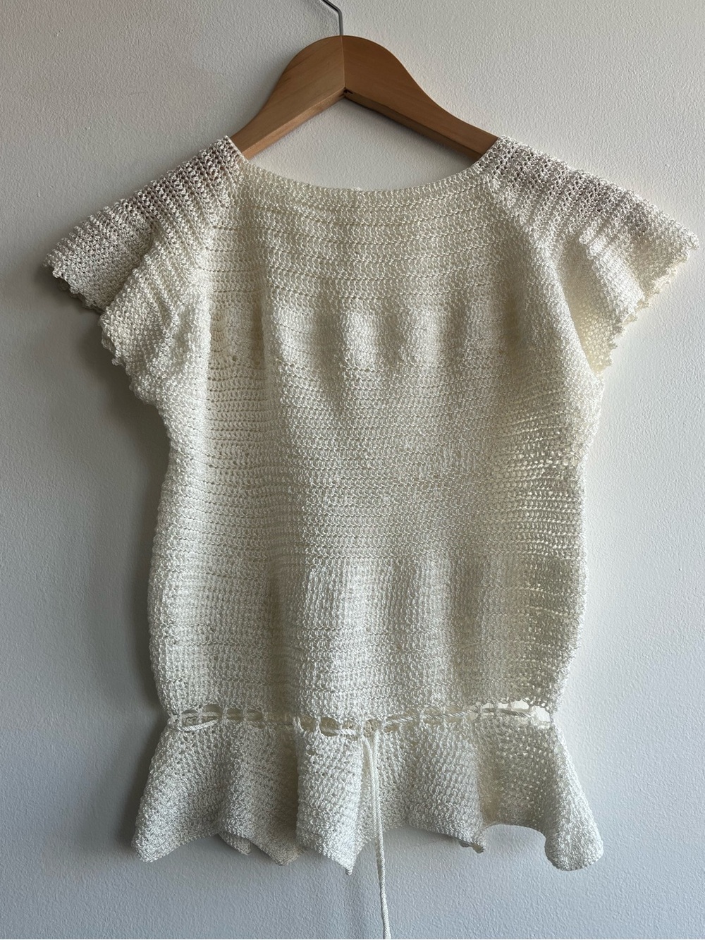 Cream Ivory Crochet Knit Peplum Top Boho Cottagecore Sz XS